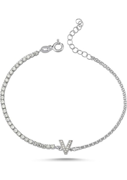 Gümüş Suyolu Harfli Gümüş Rengi Bileklik - V Harfi - - BLV00259-4146