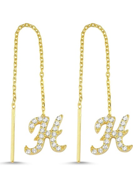 Gümüş Italik Gold Rengi Harfli Iğneli Küpe