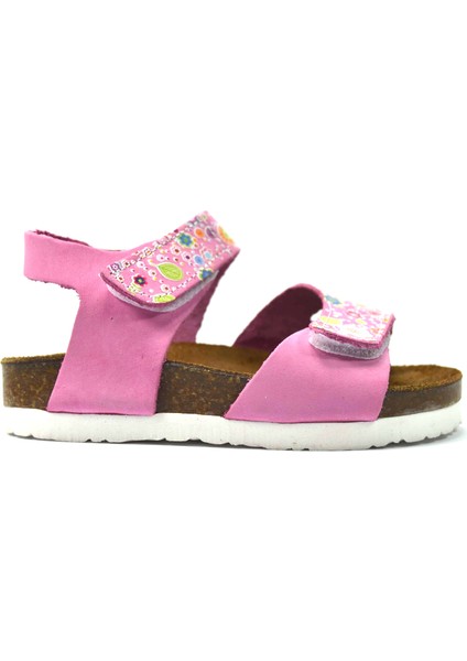 1051 Hakiki Deri Pudra Cırtlı Çiçekli Ortapedik Kız Bebek Sandalet