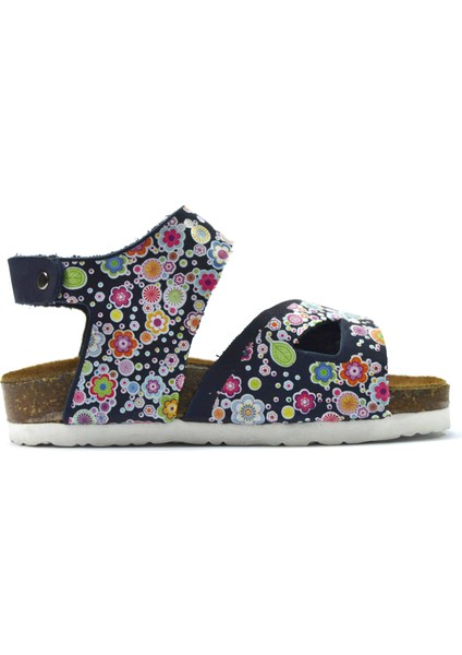 1051 Hakiki Deri Nubuk Lacivert Çiçekli Cırtlı Ortapedik Kız Bebek Sandalet modelleri