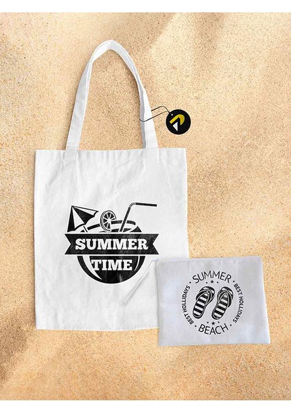 Summer Time Tasarımlı Bez Kanvas Plaj Çantası Seti