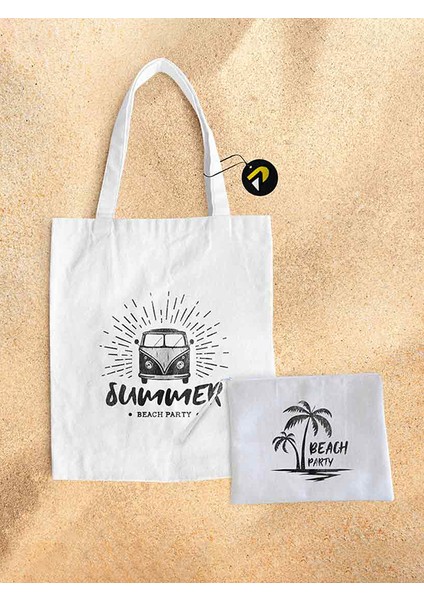 Beach Party Karavan Tasarımlı Bez Kanvas Plaj Çantası Seti