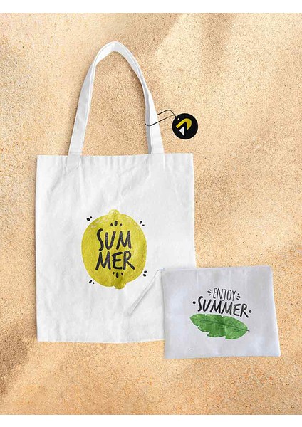 Summer Limon Tasarımlı Bez Kanvas Plaj Çantası Seti