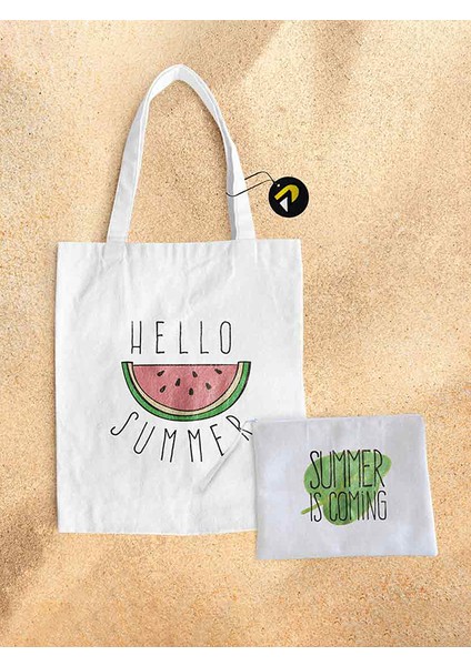 Hello Summer Karpuz Tasarımlı Bez Kanvas Plaj Çantası Seti