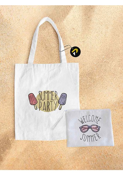 Summer Party Tasarımlı Bez Kanvas Plaj Çantası Seti