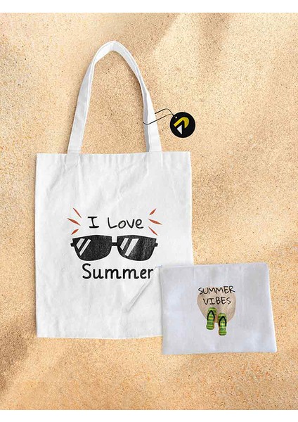 Love Summer Tasarımlı Bez Kanvas Plaj Çantası Seti