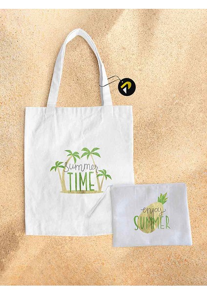 Summer Tropikal Tasarımlı Bez Kanvas Plaj Çantası Seti