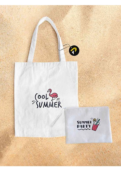 Cool Summer Pelikan Tasarımlı Bez Kanvas Plaj Çantası Seti
