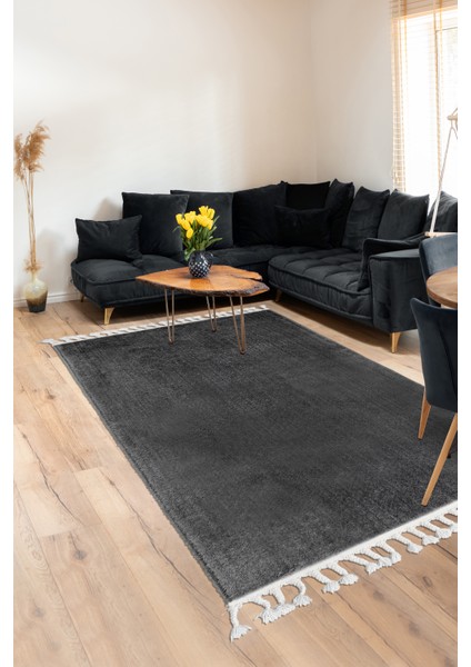 Koyu Gri Post Dokuma Halı Saçaklı Peluş Yumuşacık Kaymaz Antibakteriyel 160X250
