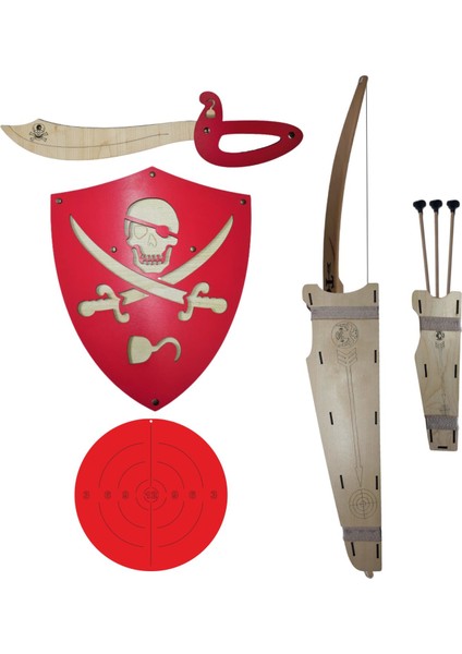Doğal Ahşap Ok Yay + Korsan Kalkan + Kılıç + Yay Kını + Sadak + Hedef, Kırmızı Oyuncak fiyatları