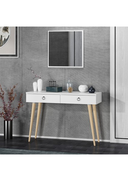 Arden Ahşap Ayaklı Kare Aynalı Modern Dekoratif Dresuar Beyaz 100 cm