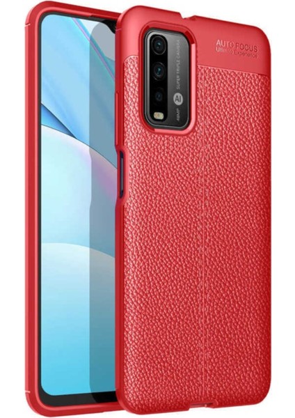 Redmi 9t Kılıf Darbe Korumalı Deri Görünümlü Silikon Arka Kapak - Kırmızı