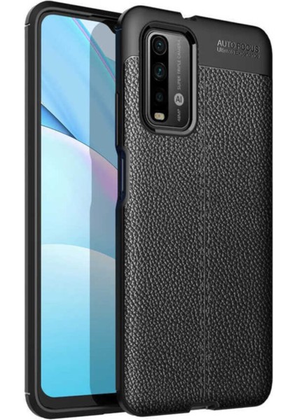 Redmi 9t Kılıf Darbe Korumalı Deri Görünümlü Silikon Arka Kapak - Siyah