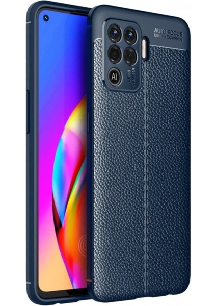 Oppo A94 Kılıf Darbe Korumalı Deri Görünümlü Silikon Arka Kapak - Lacivert