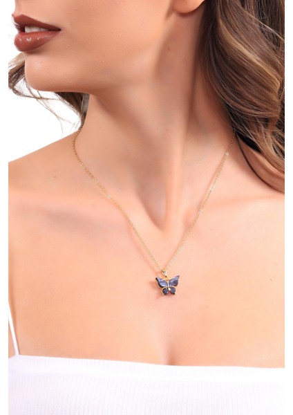 Kadın Altın Renk Kaplama Sedef Taşlı Kelebek Figürlü Zincir Kolye fiyatları