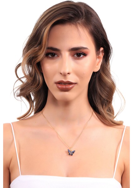 Kadın Altın Renk Kaplama Sedef Taşlı Kelebek Figürlü Zincir Kolye modelleri