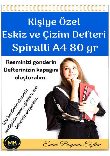 Enine Boyuna Eğitim Kişiye Özel Eskiz ve Çizim Defter Spiralli 100 Sayfa A4 80 gr