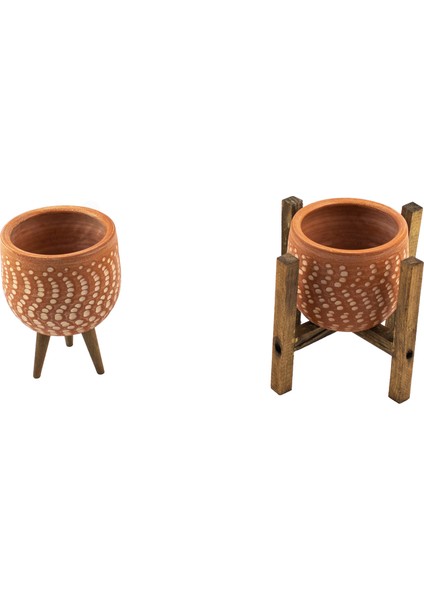 Ev Dekorasyon Beyaz Nokta Desenli Terakota Toprak Saksı Saksılık Salon Çiçeklik İkili Set 3 Ayaklı, 4 Ayaklı 12 Cm