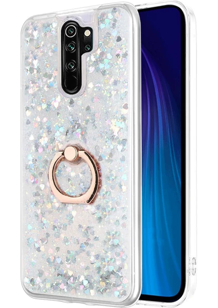 Xiaomi Redmi Note 8 Pro Kılıf Yüzüklü Standlı Korumalı Şeffaf Simli Pullu Gümüş