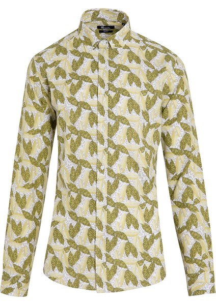 Erkek Yeşil Baskılı Slim Fit Gömlek