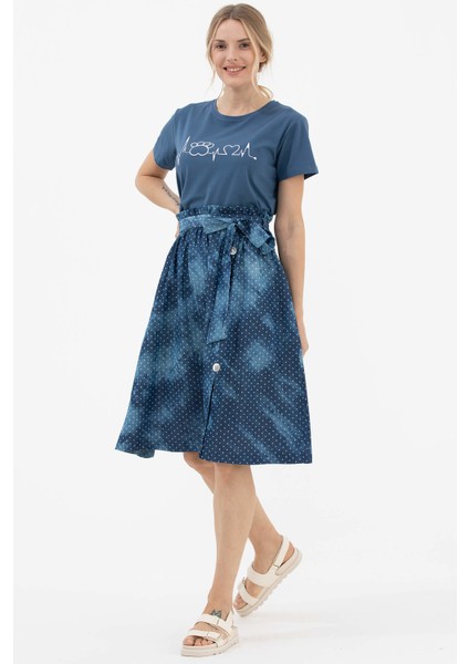 Denim Görünümlü Midi Boy Etek - Lacivert