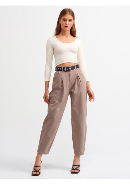 3529 Havuz Yaka Uzun Kollu Crop Top-Natural