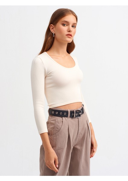 3529 Havuz Yaka Uzun Kollu Crop Top-Natural