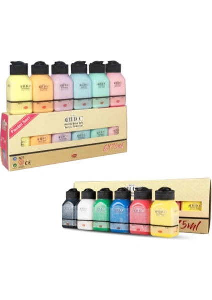 6 Pastel 6 Canlı Renk Akrilik Boya 12 x 75 ml Set