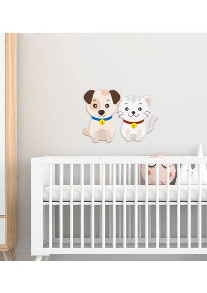 Gift Sevimli Kedi ve Köpek Tasarımlı Çocuk Odası Ahşap Duvar Süsü-1