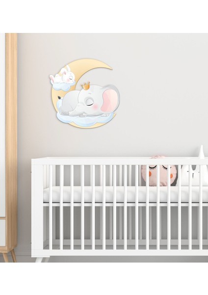 Gift Sevimli Fil ve Tavşan Tasarımlı Çocuk Odası Ahşap Duvar Süsü-1