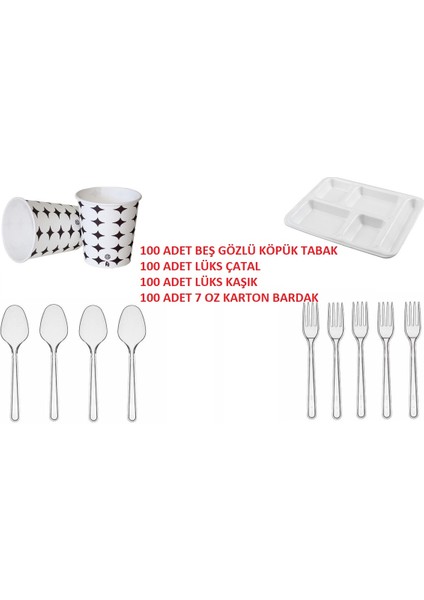 5 Gözlü Köpük Tabak + Plastik Çatal + Kaşık 7 Oz Bardak