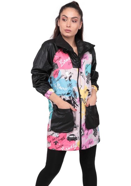 Yazı Baskılı Kadın Yağmurluk 9620 Siyah fiyatları