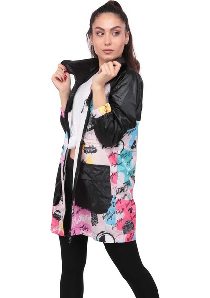 Yazı Baskılı Kadın Yağmurluk 9620 Siyah modelleri