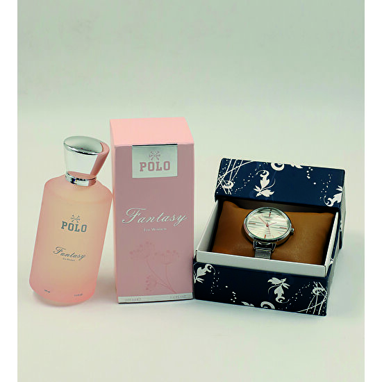 Bosphorus Concept Bayan Polo Hasır Kordonlu Gümüş Saat ve Polo Fantasy Parfüm Seti