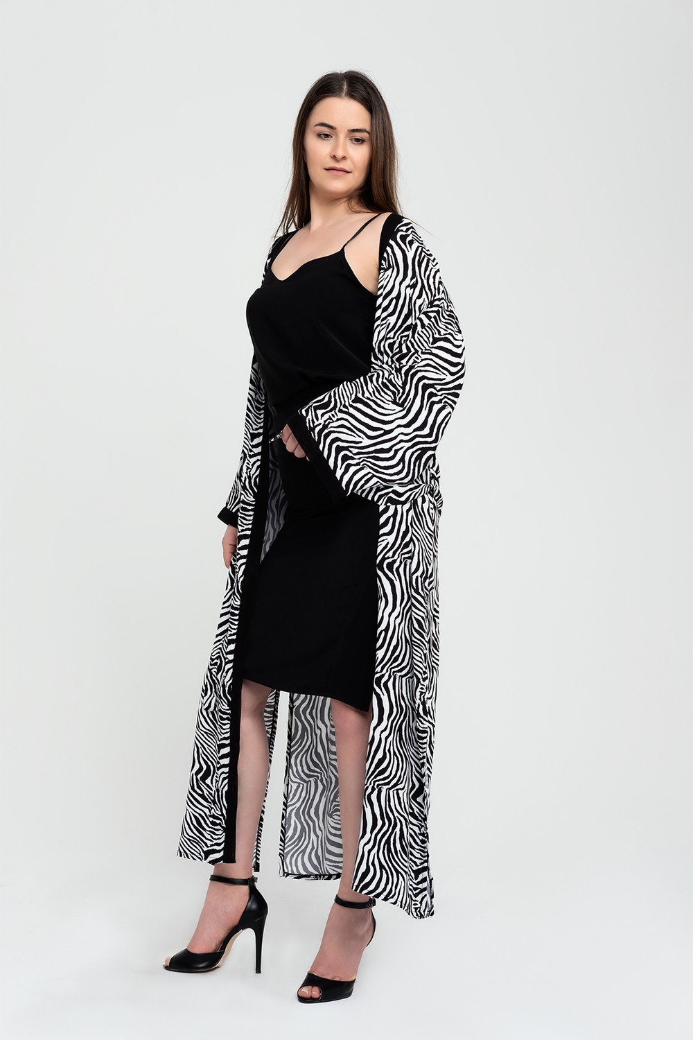 Due Stelle Kadın Zebra Desen Kemerli Uzun Kimono görsel 2