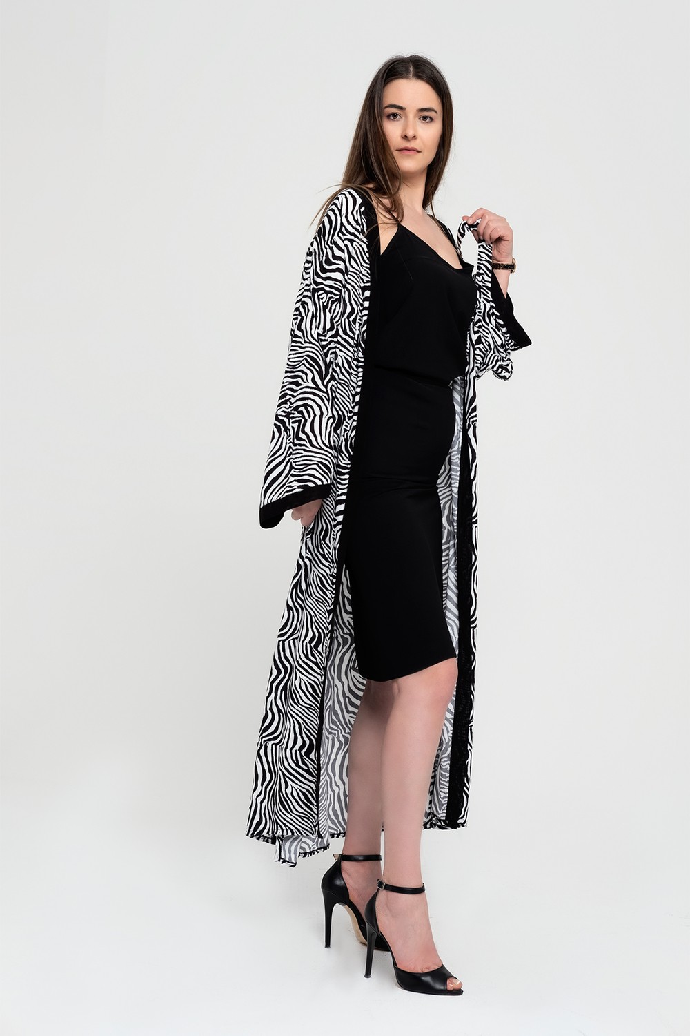 Due Stelle Kadın Zebra Desen Kemerli Uzun Kimono görsel 3