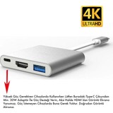 Daytona CF01 Macbook Uyumlu 4K Full HD 1080p Type C To 3 Portlu HDMI - USB 3.0 - PD Çevirici Hub Adaptör