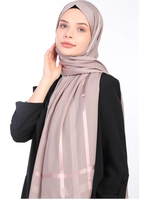 Miray Miray Kalın Çizgili Floş Şifon Şal Vizon/Gül