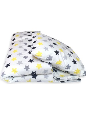 Bebek Özel Pamuk Bebek/Çocuk Yastık Çarşaf Yorgan Seti Sarı Gri Büyük Yıldızlı
