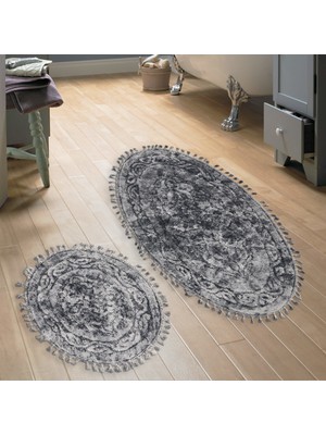 Alanur Home Alanur Osmanlı Oval Cotton Saçaklı 2 Li Paspas Eskitme Gri