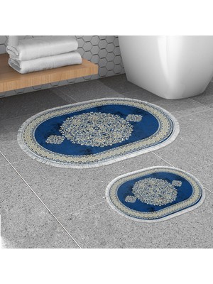 Alanur Home Alanur Trend Kaymaz Taban Oval Saçaklı Dijital Banyo Takımı Mavi̇