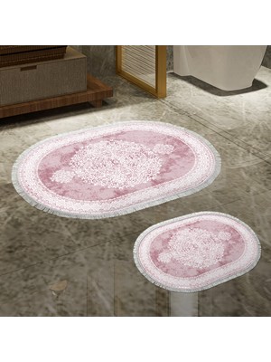 Alanur Home Alanur Trend Kaymaz Taban Oval Saçaklı Dijital Banyo Takımı Pudra