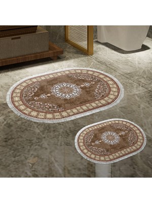 Alanur Home Alanur Trend Kaymaz Taban Oval Saçaklı Dijital Banyo Takımı Bej