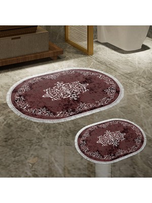 Alanur Home Alanur Trend Kaymaz Taban Oval Saçaklı Dijital Banyo Takımı Bordo