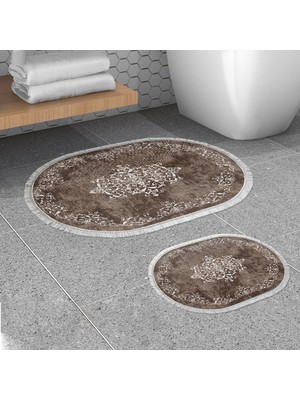 Alanur Home Alanur Trend Kaymaz Taban Oval Saçaklı Dijital Banyo Takımı Kahve