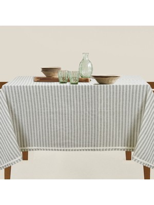 Vivamaison Gri Çizgili Keten Kumaş Dantelli Dikdörtgen Masa Örtüsü Şık ve Zarif Tasarım