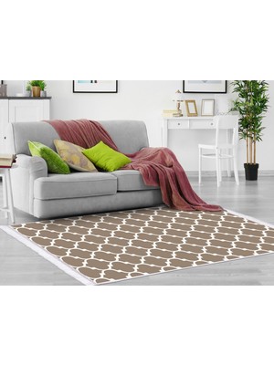 Dekoreko Ipek Dijital Saçaklı Yıkanabilir Kaymaz Taban Halı 2025 Vizon-Beyaz