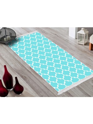 Dekoreko Inci Dijital Saçaklı Yıkanabilir Kaymaz Taban Halı 2025 Turkuaz-Beyaz