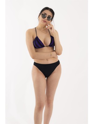 Huma Siyah Üzeri Mor Çizgi Detaylı Bikini Takım