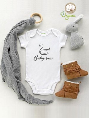 Limon  Baby Swan Desenli Organik Kısa Kol Çıtçıtlı Bebek Body
